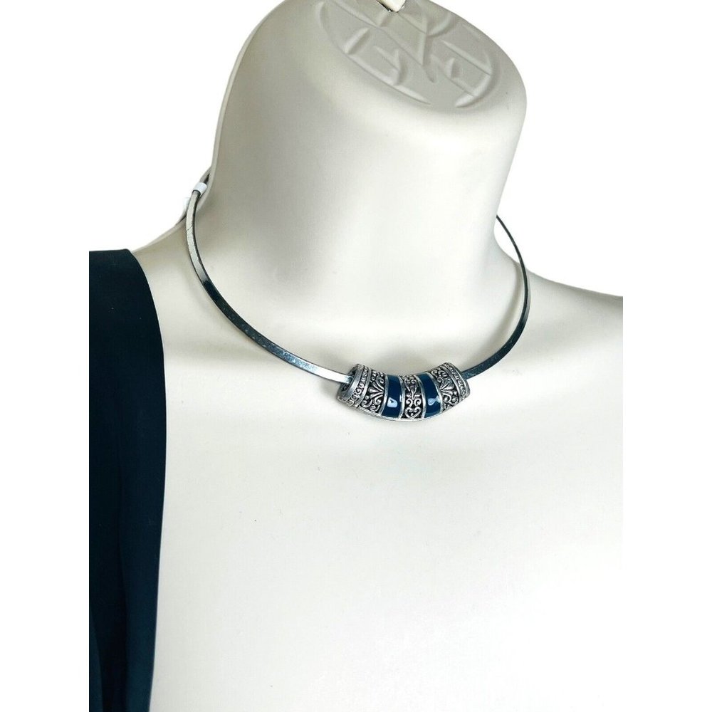 Tibetan Silver Filligree Sliding Pendant Charm Blue EnameL Necklace Choker VNTG - Picture 3 of 8